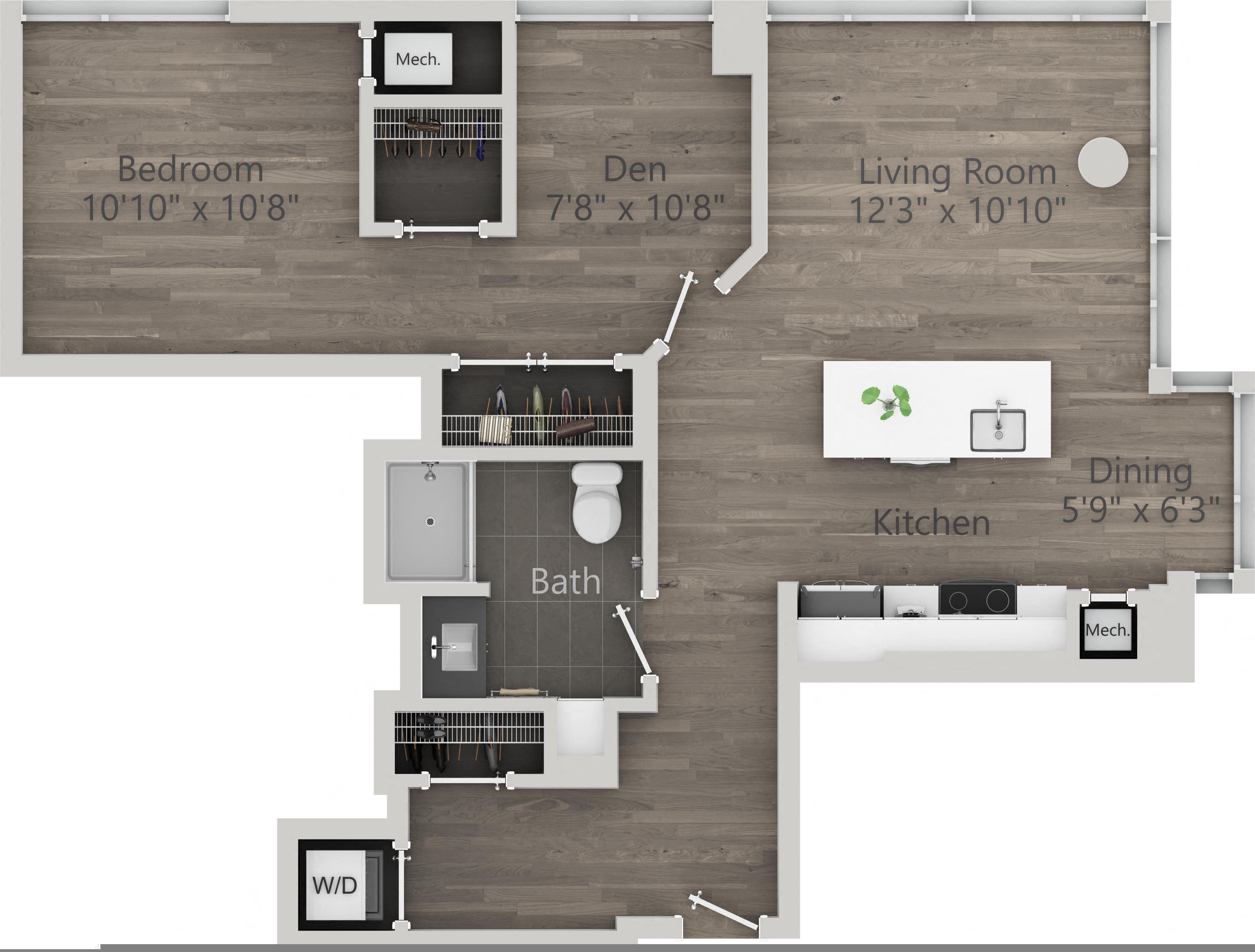 Floor plan for 1 bed, 1 bath, 820 sqft